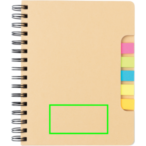 A5 Kraft spiralbunden anteckningsbok med sticky notes: Logotypens placering – nedre delen av produktens framsida