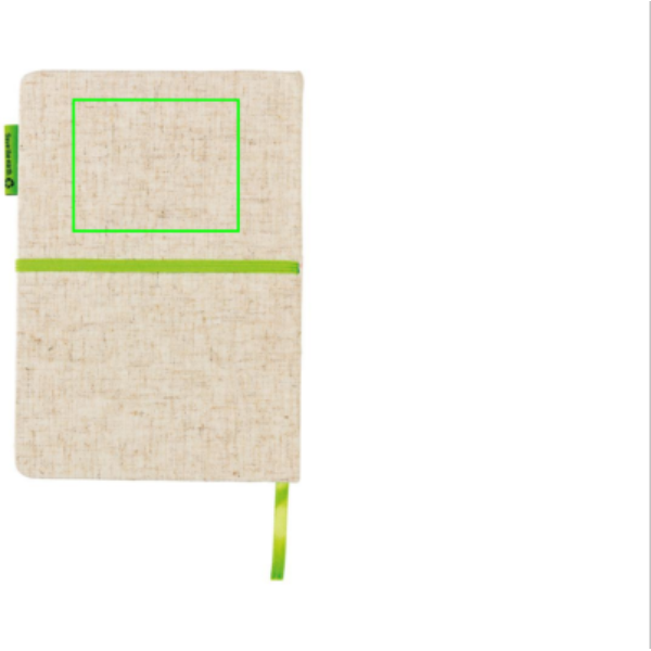 Джутовый блокнот А5: Место нанесения логотипа – верхняя часть задней стороны изделия