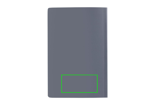 Impact Softcover A5 Notizbuch mit Steinpapier: Logoposition – unterer Bereich der Produktrückseite