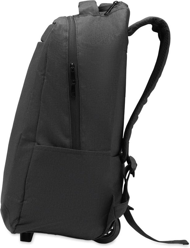 Sac à dos à roulettes en polyester RPET 600D: Emplacement du logo — Poche: Côté gauche