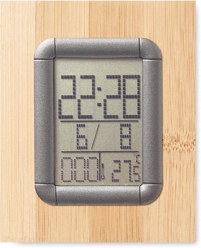 Pot à crayons en bambou avec horloge LCD: Emplacement du logo — Au-dessus de l’écran