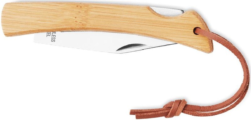 Couteau pliant à manche en bambou: Emplacement du logo — lecture pour gaucher