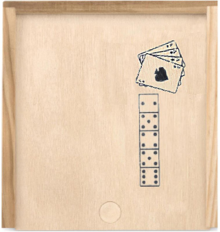 Cartes et dés en boîte: Emplacement du logo – dessus du produit