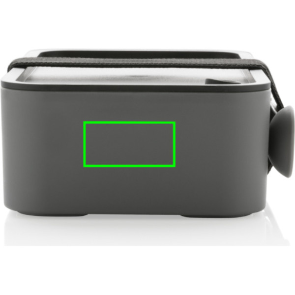 Boîte repas en PP recyclé GRS avec cuillère-fourchette: Emplacement du logo – côté droit du produit