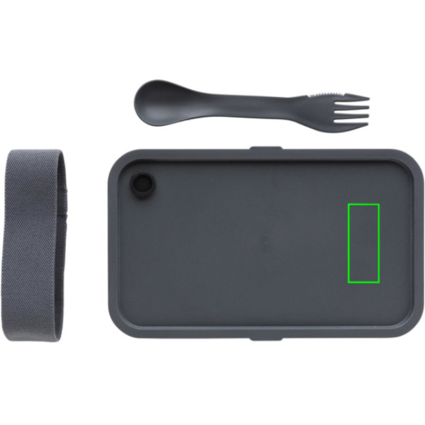 Boîte repas en PP avec cuillère-fourchette: Emplacement du logo — Partie supérieure droite du produit