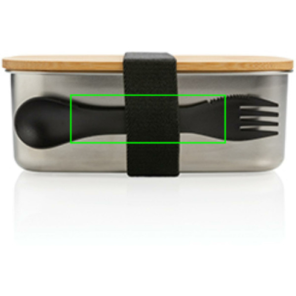 Boîte repas en acier inoxydable avec couvercle en bambou et cuillère-fourchette: Emplacement du logo – face avant du produit
