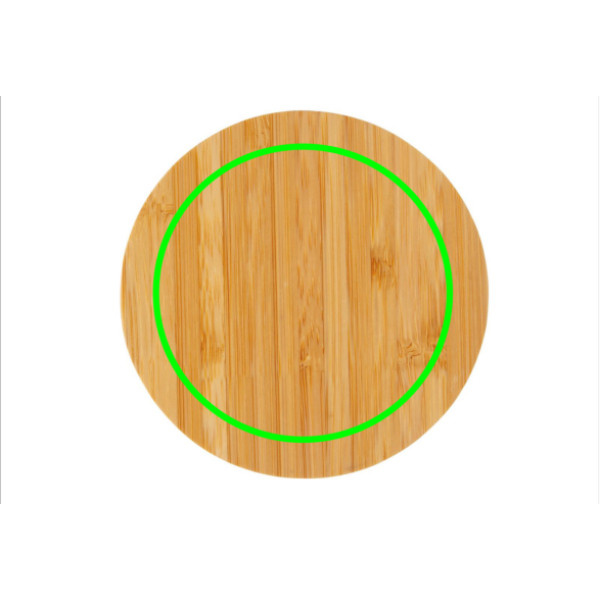 Chargeur sans fil rond de 5 W en bambou: Emplacement du logo – face avant du produit