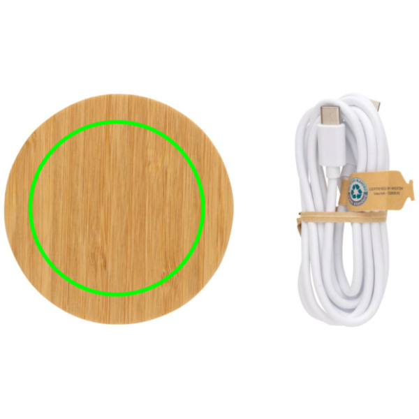 Chargeur sans fil de 15 W en bambou: Emplacement du logo – face avant du produit
