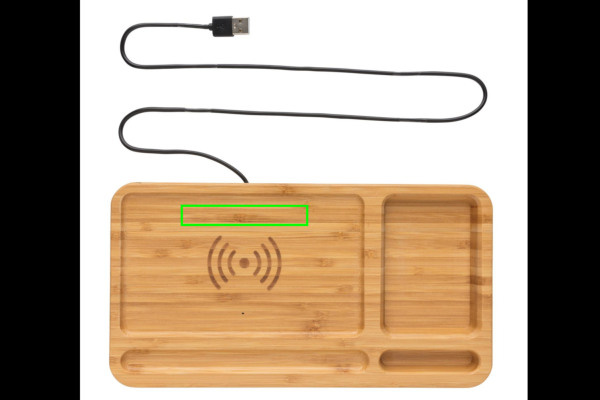 Organiseur de bureau en bambou avec chargeur sans fil de 10 W: Emplacement du logo – dessus du produit