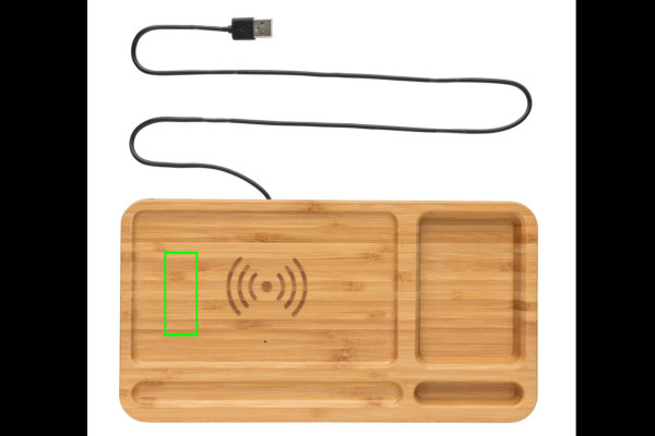 Organiseur de bureau en bambou avec chargeur sans fil de 10 W: Emplacement du logo — Partie supérieure gauche du produit