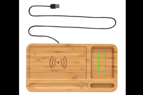 Organiseur de bureau en bambou avec chargeur sans fil de 10 W: Emplacement du logo — Partie supérieure droite du produit