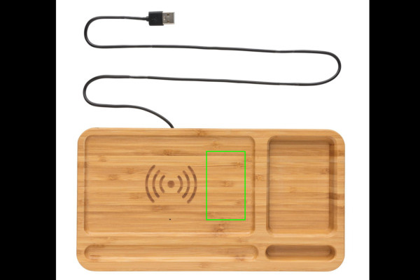 Organiseur de bureau en bambou avec chargeur sans fil de 10 W: Emplacement du logo – côté droit du produit