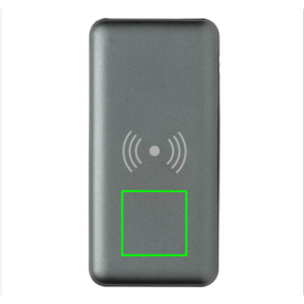 Batterie externe de 10 000 mAh avec charge rapide, charge sans fil de 10 W et PD: Emplacement du logo – partie inférieure de la face avant du produit