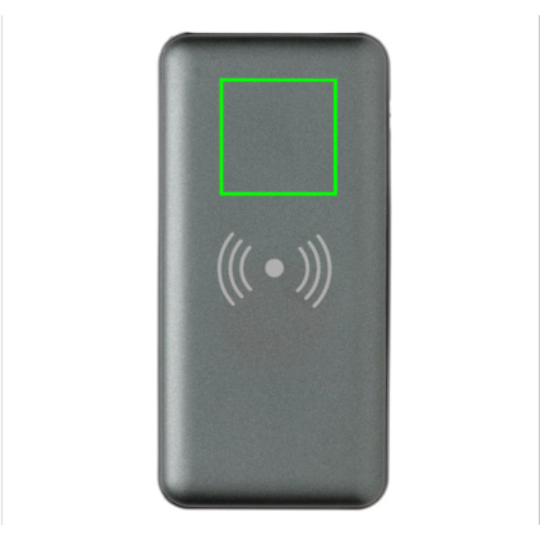 Batterie externe de 10 000 mAh avec charge rapide, charge sans fil de 10 W et PD: Emplacement du logo – partie supérieure de la face avant du produit