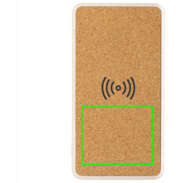 Batterie externe de 8000 mAh avec charge sans fil de 5 W en liège et paille de blé: Emplacement du logo – partie inférieure de la face avant du produit