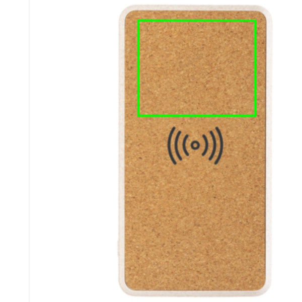 Batterie externe de 8000 mAh avec charge sans fil de 5 W en liège et paille de blé: Emplacement du logo – partie supérieure de la face avant du produit