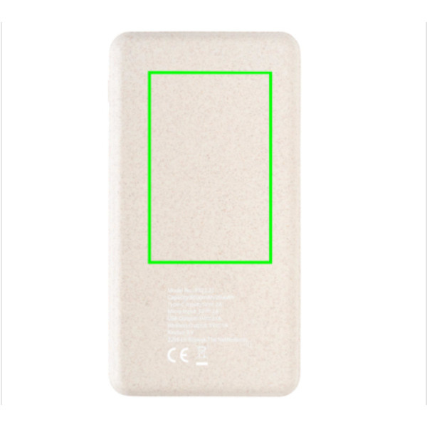 Batterie externe de 8000 mAh avec charge sans fil de 5 W en liège et paille de blé: Emplacement du logo – face arrière du produit
