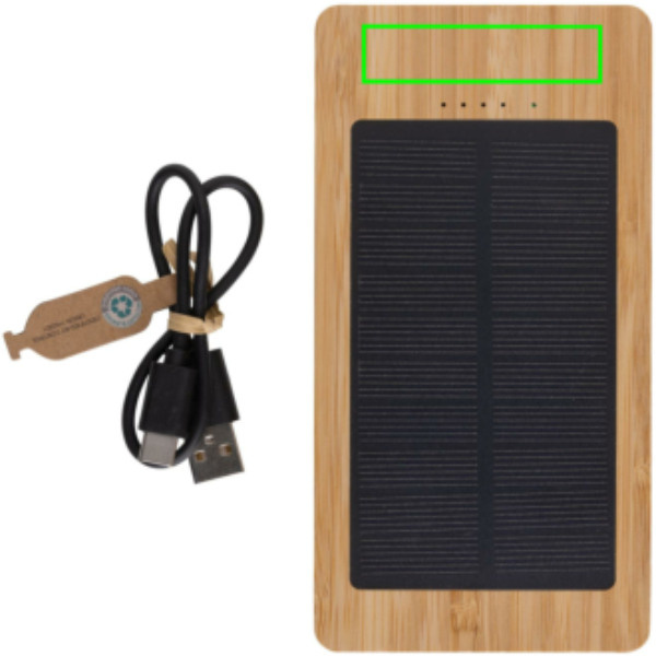 Batterie externe solaire Sunwick de 10 000 mAh en bambou: Emplacement du logo – partie supérieure de la face avant du produit