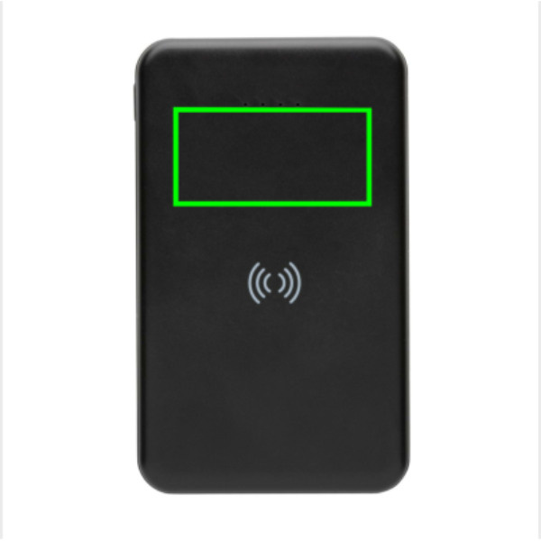 5.000 mAh trådlös powerbank i RCS återvunnen plast: Logotypens placering – övre delen av produktens framsida