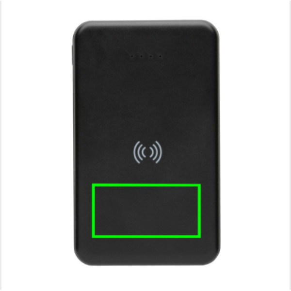 5.000 mAh trådlös powerbank i RCS återvunnen plast: Logotypens placering – nedre delen av produktens framsida