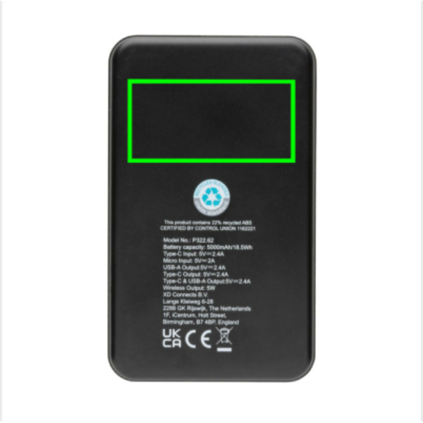 5.000 mAh trådlös powerbank i RCS återvunnen plast: Logotypens placering – produktens baksida