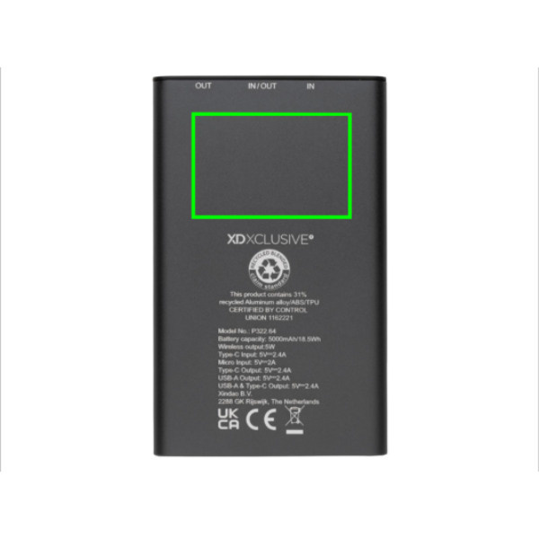 Terra 5.000mAh/5W trådlös powerbank RCS återvunnen aluminium: Logotypens placering – produktens baksida