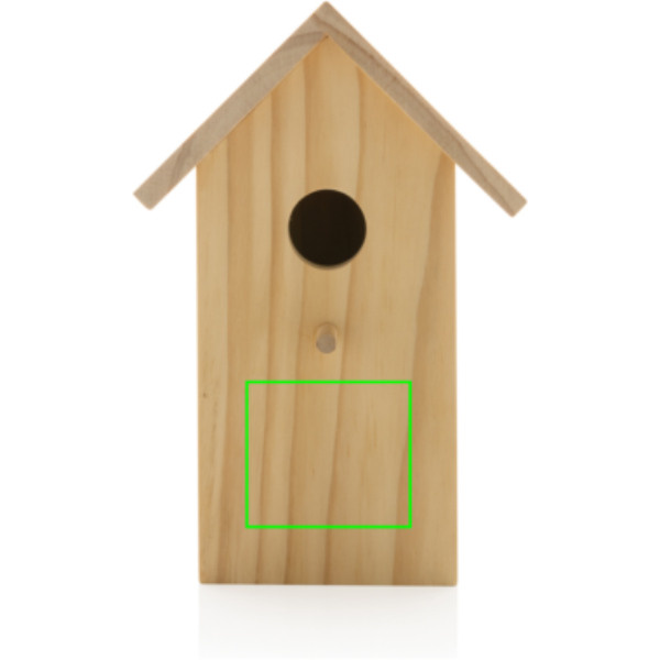 Nichoir en bois: Emplacement du logo – partie inférieure de la face avant du produit