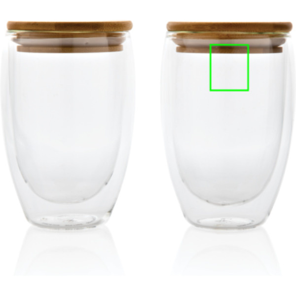 Lot de 2 verres à double paroi en borosilicate de 350 ml avec couvercles en bambou: Emplacement du logo – partie supérieure de la face avant du produit