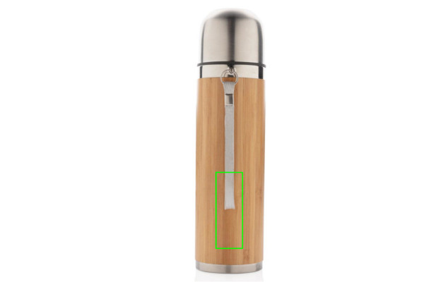 Bouteille de voyage isotherme sous vide en bambou: Emplacement du logo – partie inférieure de l’arrière du produit