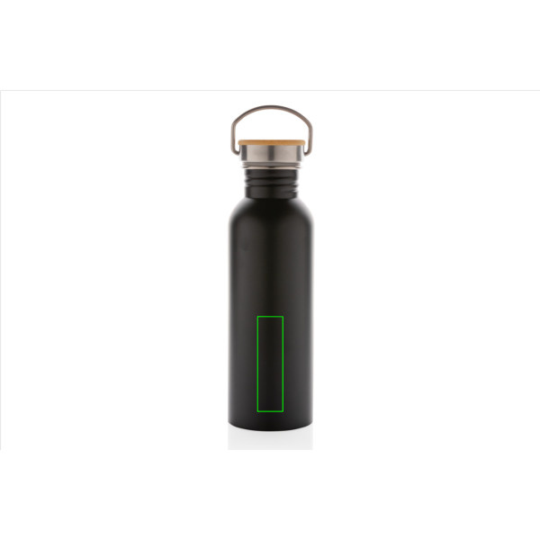 Gourde moderne en acier inoxydable avec bouchon en bambou: Emplacement du logo – partie inférieure de la face avant du produit