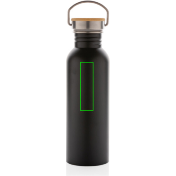 Gourde moderne en acier inoxydable avec bouchon en bambou: Emplacement du logo – partie supérieure de l’arrière du produit