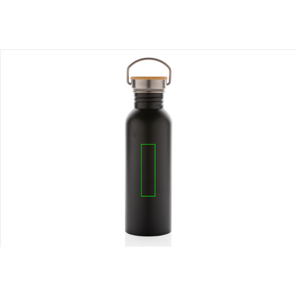 Gourde moderne en acier inoxydable avec bouchon en bambou: Emplacement du logo – centre de la face avant du produit