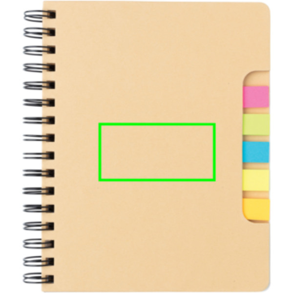 Carnet A5 à spirale en kraft avec notes adhésives: Emplacement du logo – centre de la face avant du produit