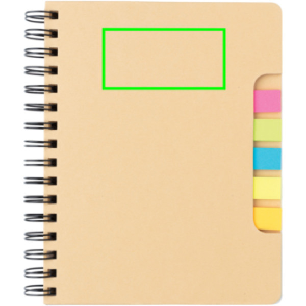 Carnet A5 à spirale en kraft avec notes adhésives: Emplacement du logo – partie supérieure de la face avant du produit