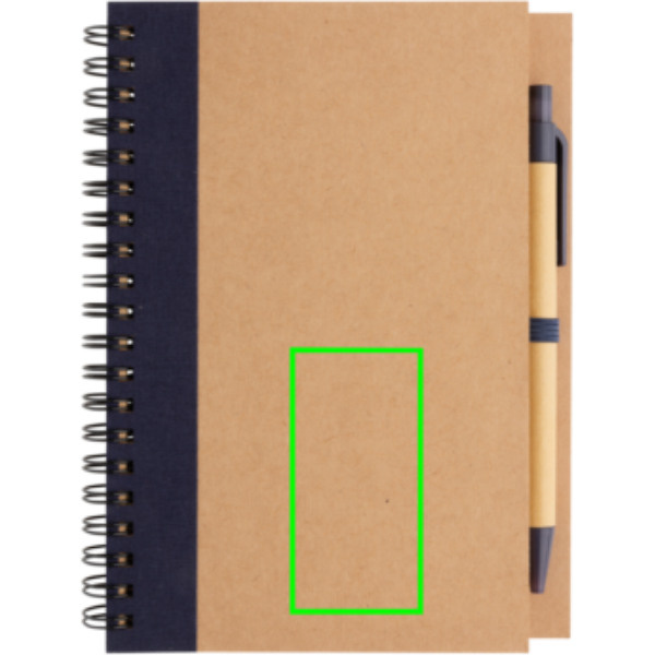 Carnet à spirale en kraft avec stylo: Emplacement du logo – partie inférieure de la face avant du produit