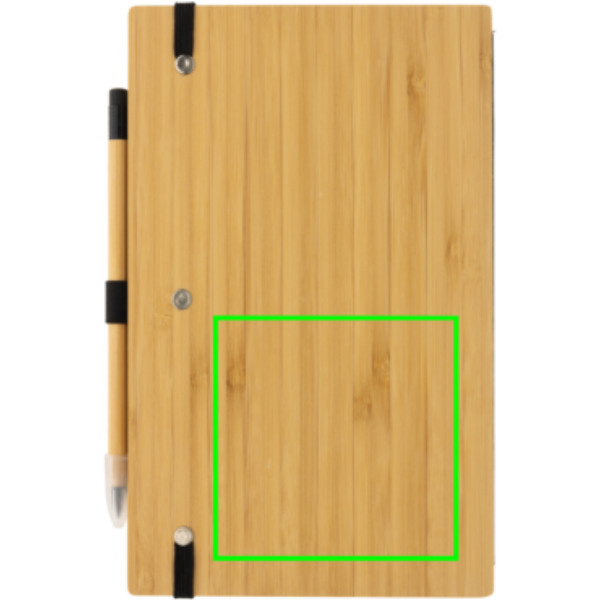 Bambus-Notizbuch und Infinity-Bleistift im Set: Logoposition – unterer Bereich der Produktrückseite