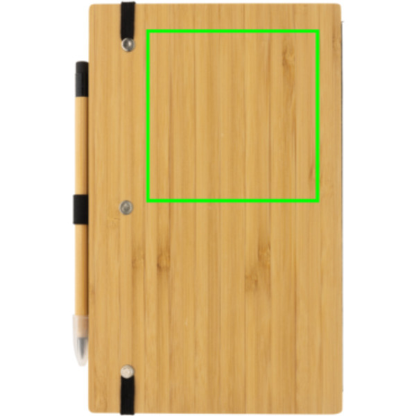 Bambus-Notizbuch und Infinity-Bleistift im Set: Logoposition – oberer Bereich der Produktrückseite