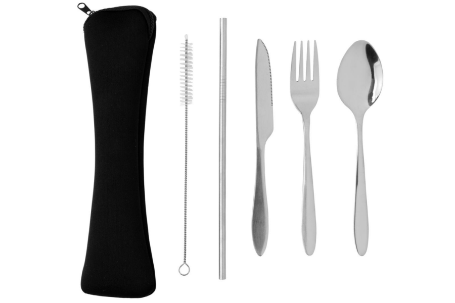 Ensemble de 4 couverts réutilisables en acier inoxydable: Pochette — Avant