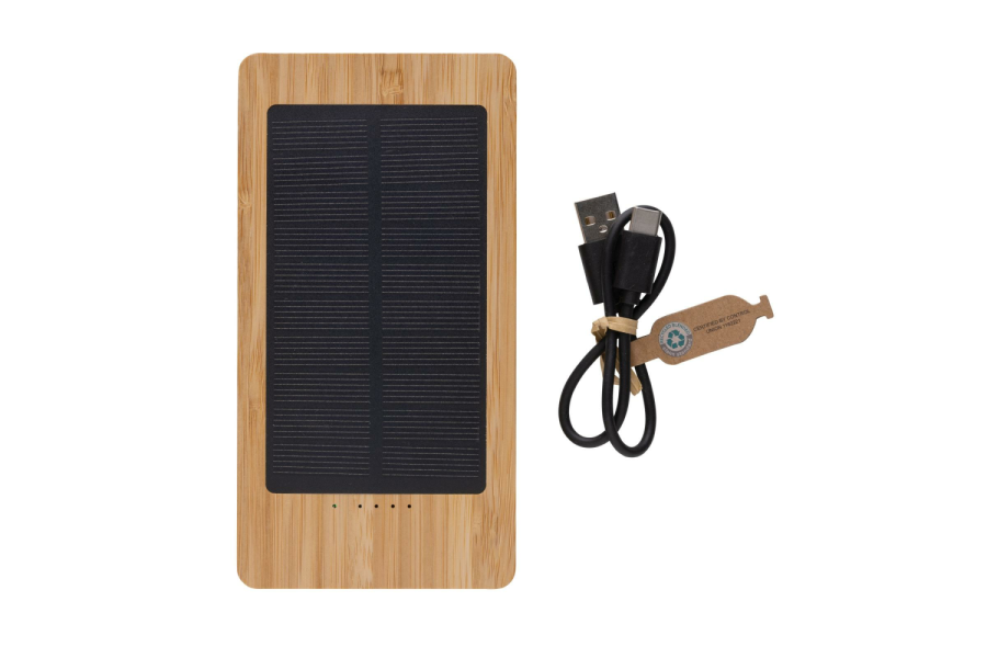 Batterie externe solaire Sunwick de 10 000 mAh en bambou: Avant du produit, partie supérieure