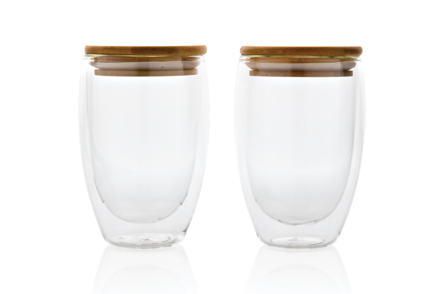 Lot de 2 verres à double paroi en borosilicate de 350 ml avec couvercles en bambou: Avant du produit, partie supérieure