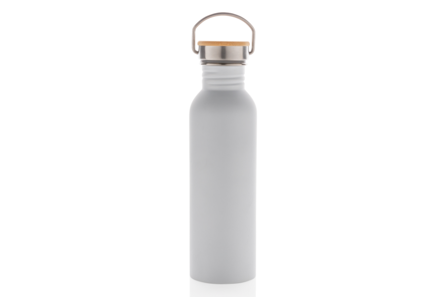Moderne Edelstahlflasche mit Bambusdeckel: Vorderseite des Gegenstands nach unten