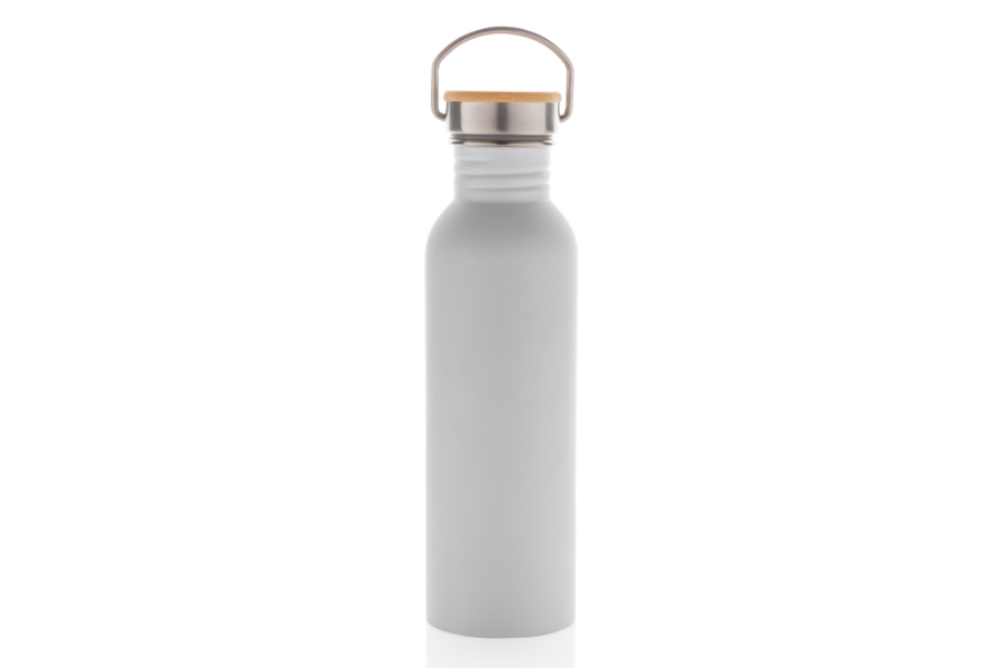 Moderne Edelstahlflasche mit Bambusdeckel: Gegenstand zurückgesetzt