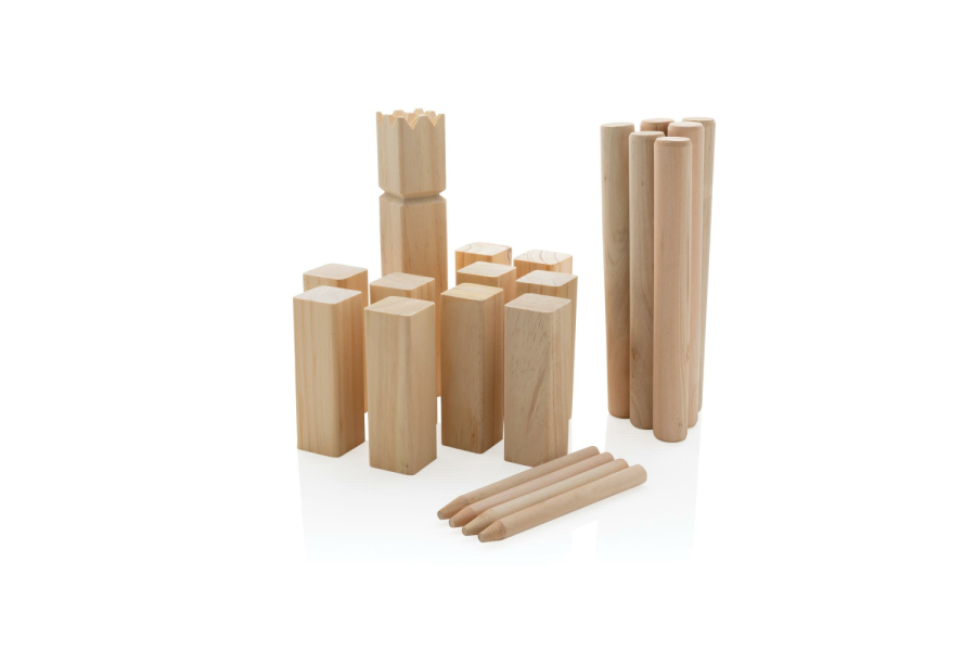 Koka kubb komplekts: priekšpuse uz augšu