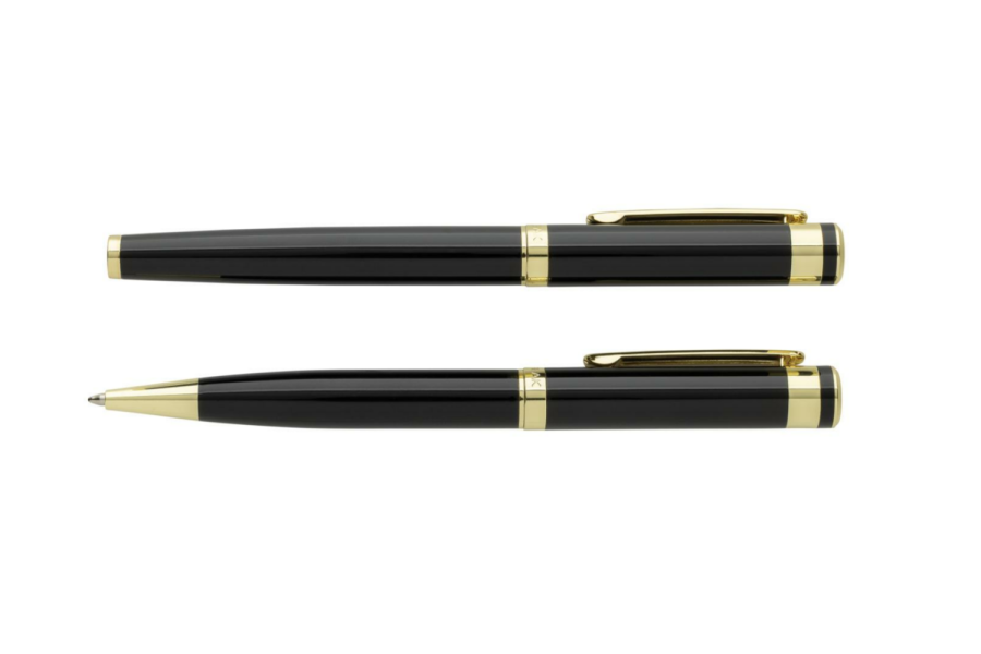 Swiss Peak Luca RCS recycled brass deluxe pen set: next to clip