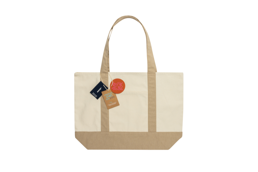 SHOP LOCAL AWARE™ taaskasutatud puuvillast 350gsm kandekott: ese ees vasakul