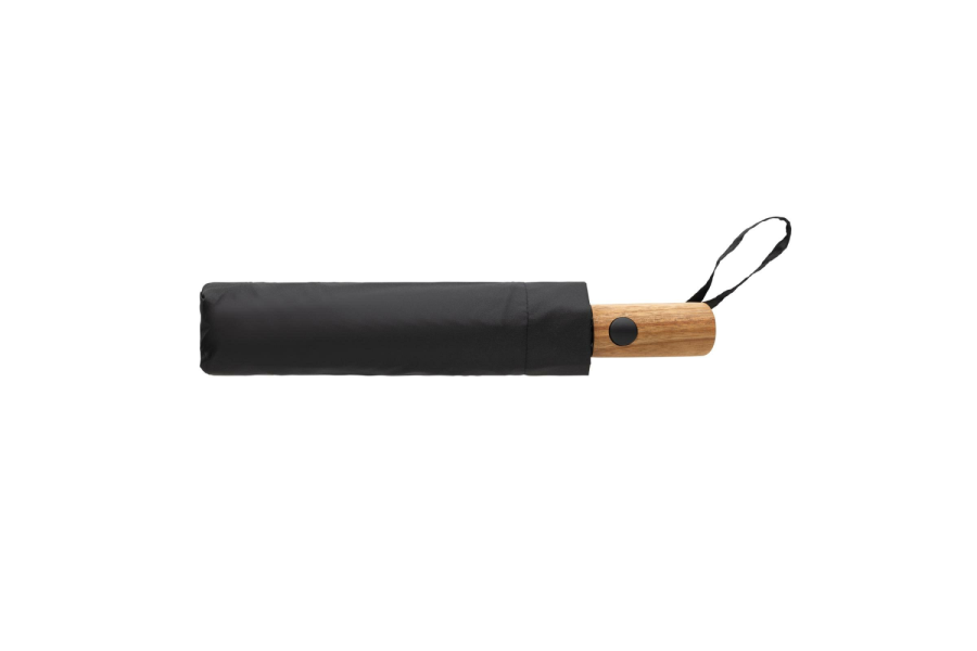Kaycey 21" AWARE™ RPET mini auto-open umbrella with acacia wood handle: pouch