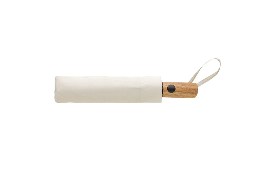Kaycey 21" AWARE™ RPET mini auto-open umbrella with acacia wood handle: pouch