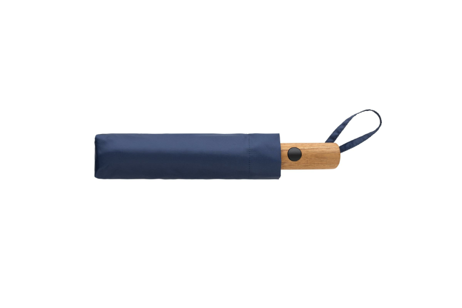 Kaycey 21" AWARE™ RPET mini auto-open umbrella with acacia wood handle: pouch