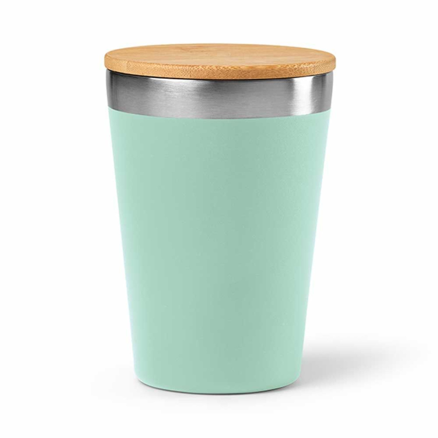 Don ceļojumu krūze pārstrādāts nerūsējošais tērauds ar bambusa vāku 400 ml. Dubultsienu: Kauss