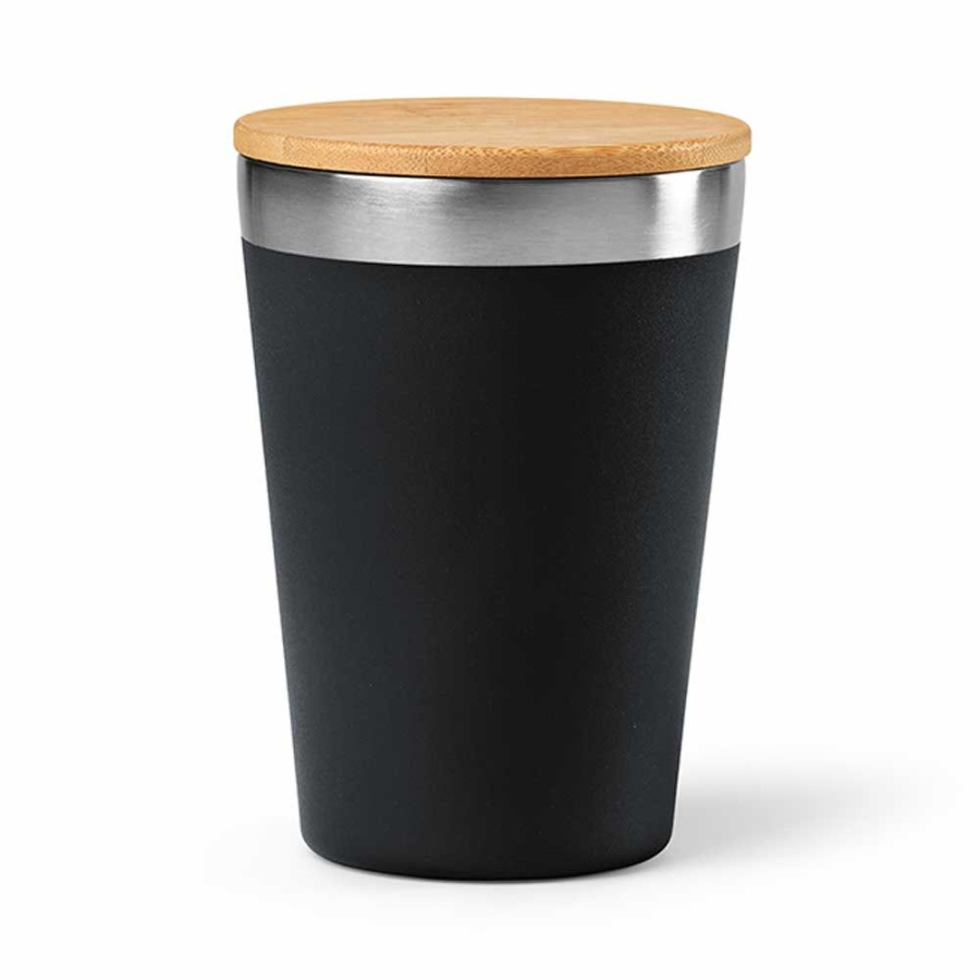 Don ceļojumu krūze pārstrādāts nerūsējošais tērauds ar bambusa vāku 400 ml. Dubultsienu: Kauss